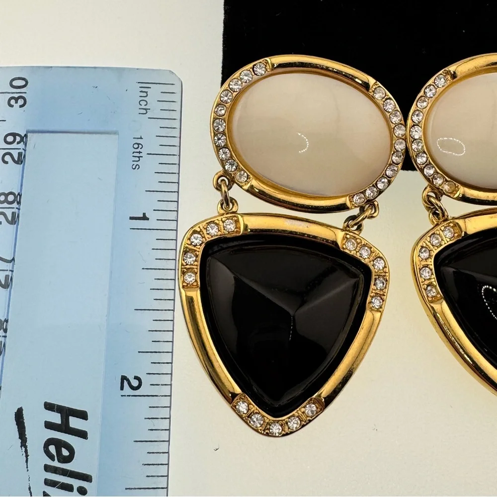 Vintage 80’s Elegant Gold and Black Dangle Clip Earrings - Picture 2 of 8